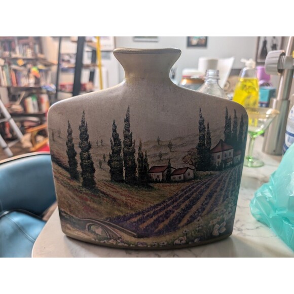 Vintage Square Ceramic Vase Tuscan Countryside READ, FAINT BACK, Pottery, Italy - Picture 10 of 11